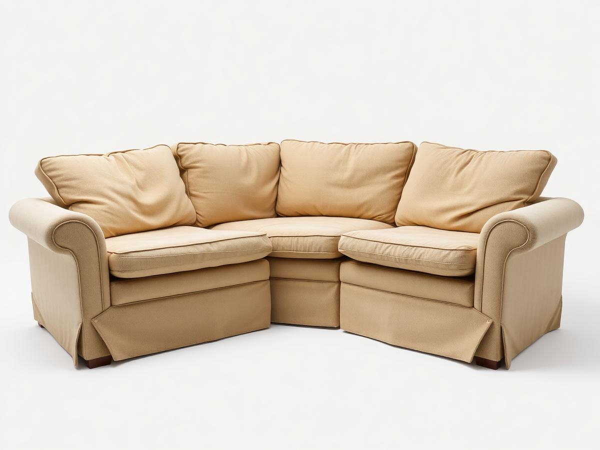 Old L-shaped corner sofa with collapsed foam cushions before renovation