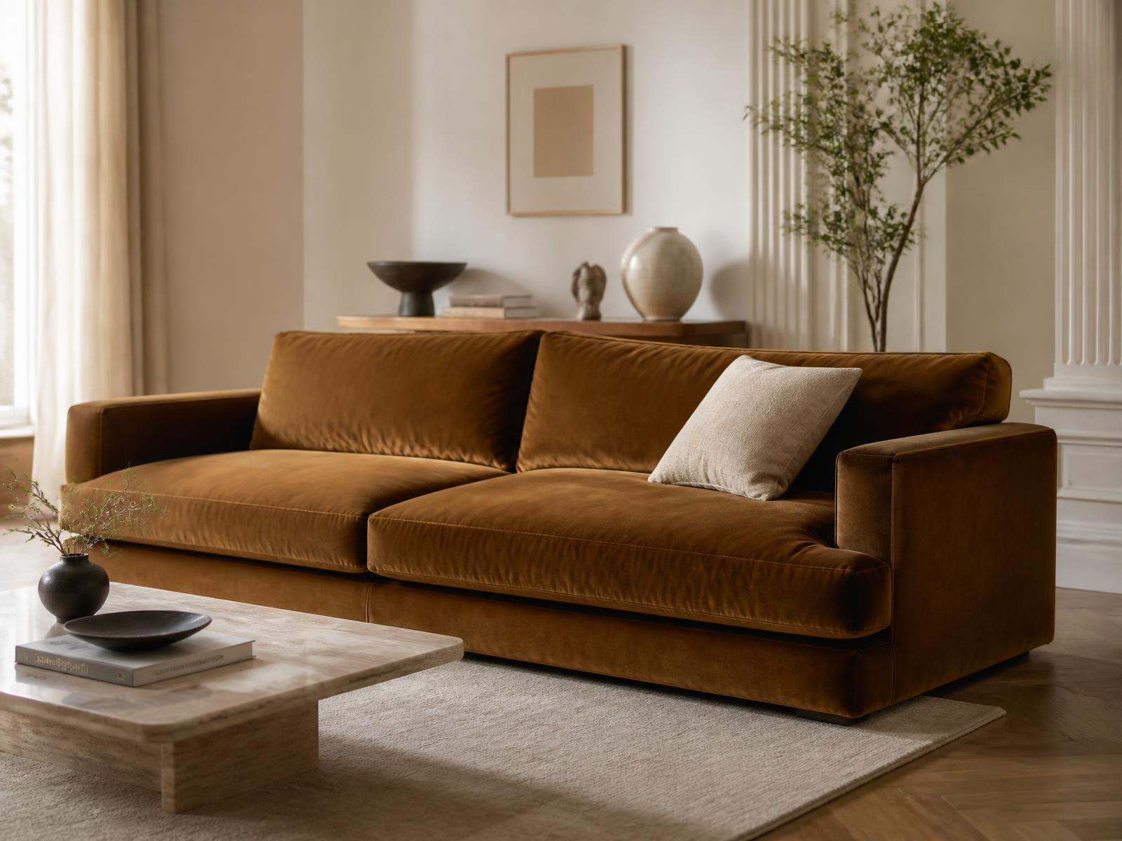 Newly upholstered camel brown sofa in a warm living room